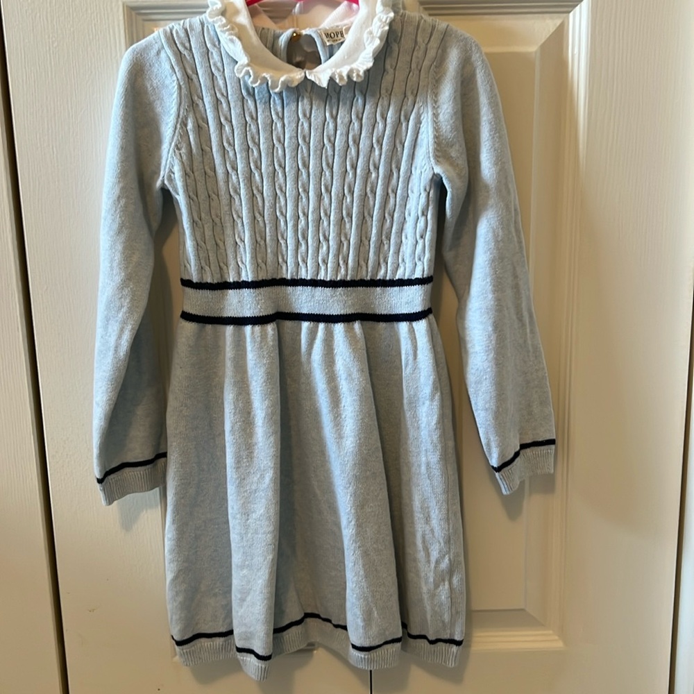 Classic Cable Knit Light Blue Girls' Dress with Ruffled Collar